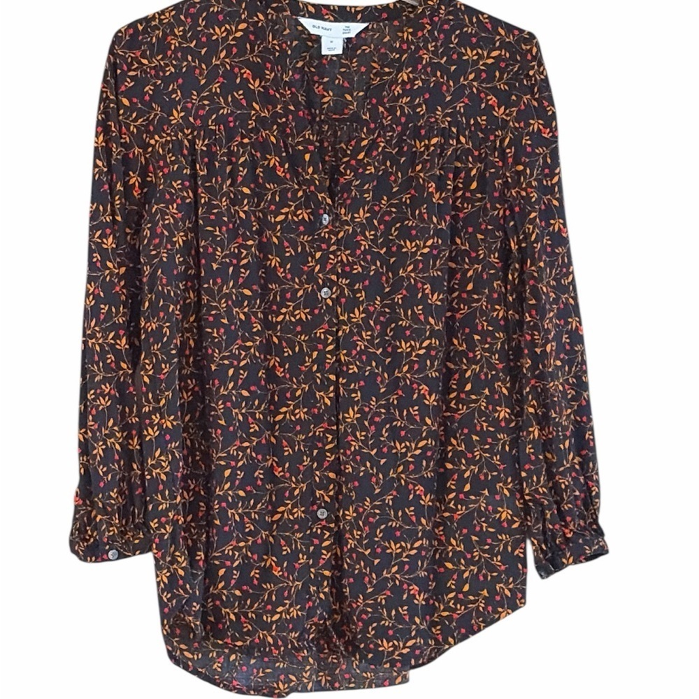 Old Navy Tunic Shirt Black and Orange and Red Floral Button Down Blouse Size M